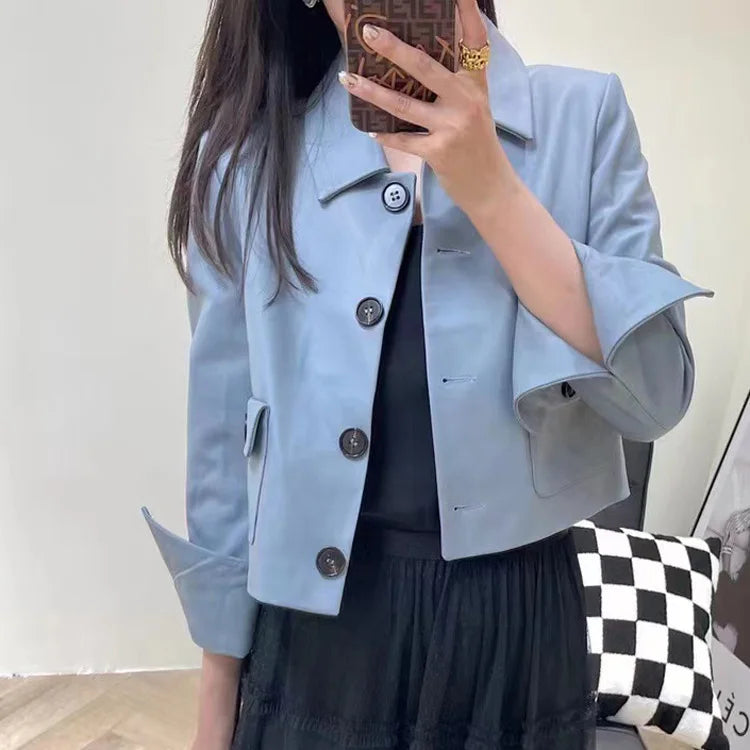 Women Genuine Leather Jacket 2025 Winter Female Square Collar Pocket Single-Breasted Slim Short Coat Mujer Outwear Blazer Kurtki