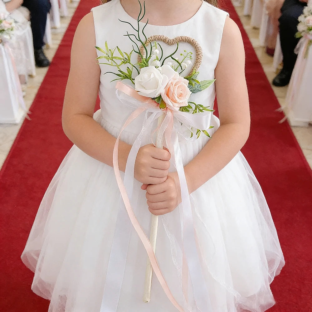 Wedding Flower Girl Wand, Floral Girl Wand Fairy Wand with Ribbon Flower for Wedding, Bridal Shower and Engagement Photo Shoot ﻿