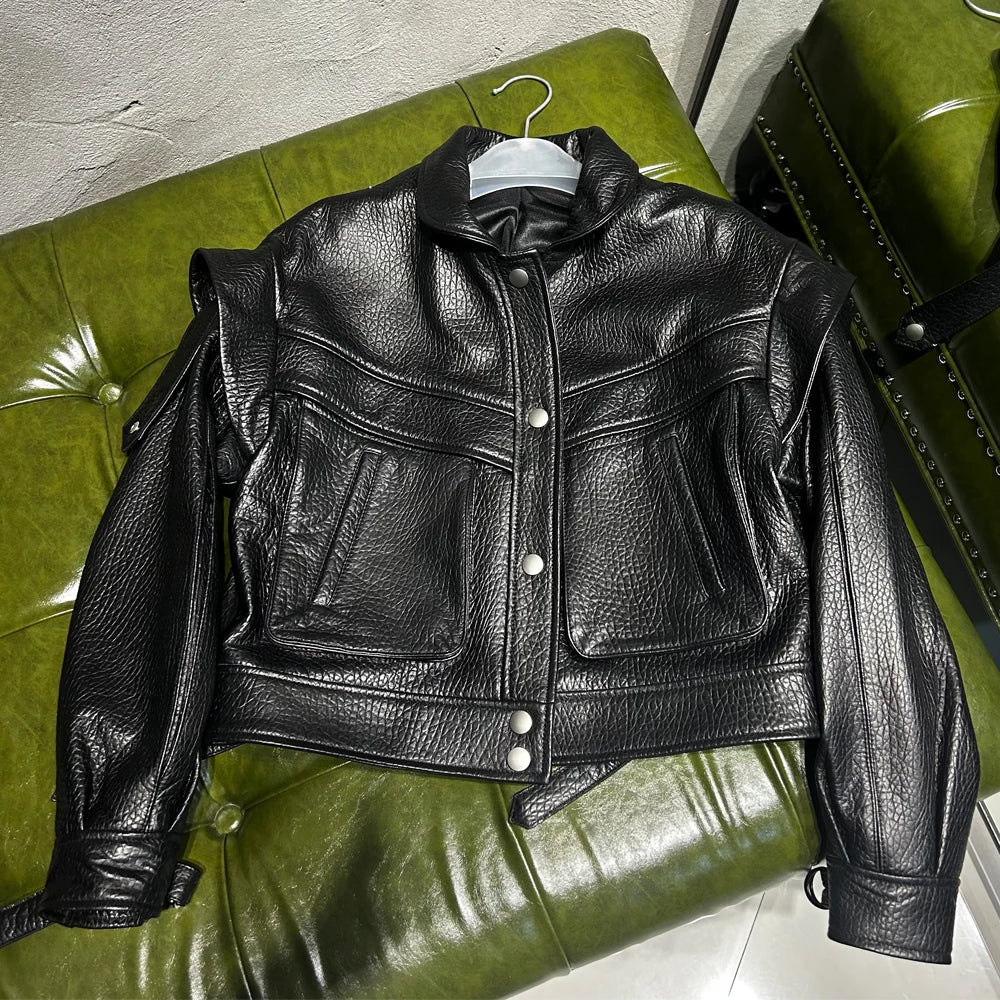 Grained Vintage Leather Jacket Women High Quality Genuine Sheep Leather Coat 2025