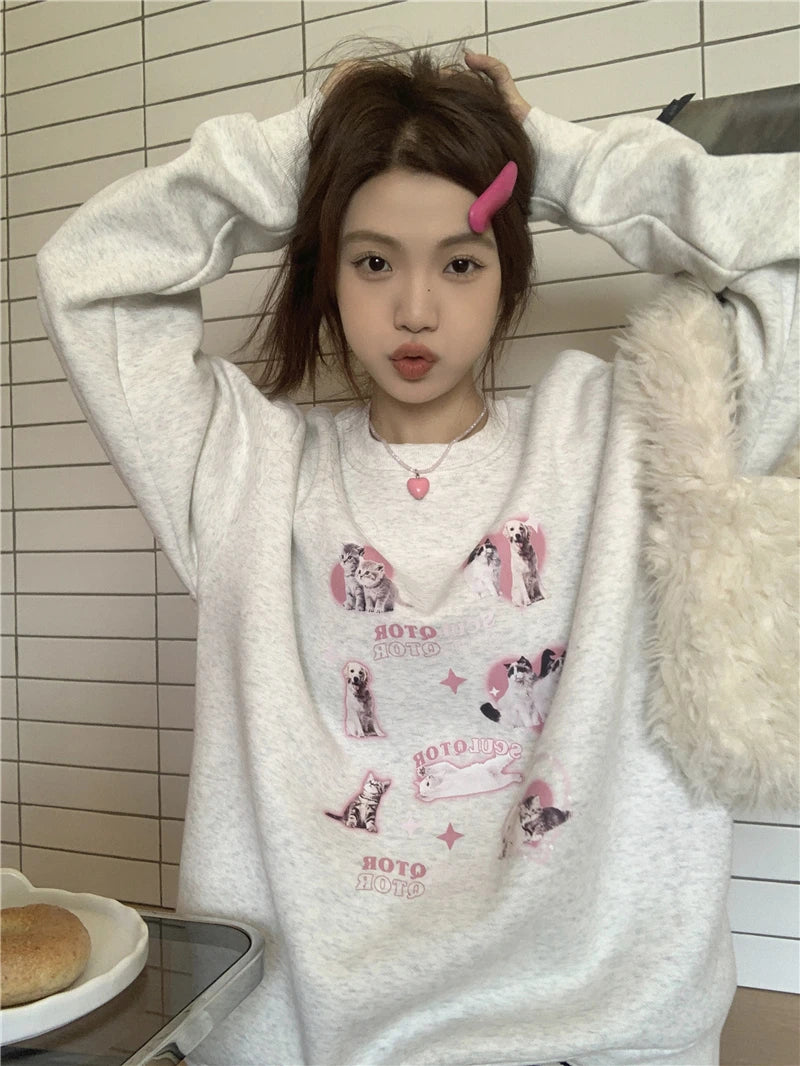 KOSAHIKI Cute Hoodies Women Letter Dog Print Sudaderas Mujer O-neck Sweatshirt Harajuku Streetwear Y2k Pullover Moletom Feminino