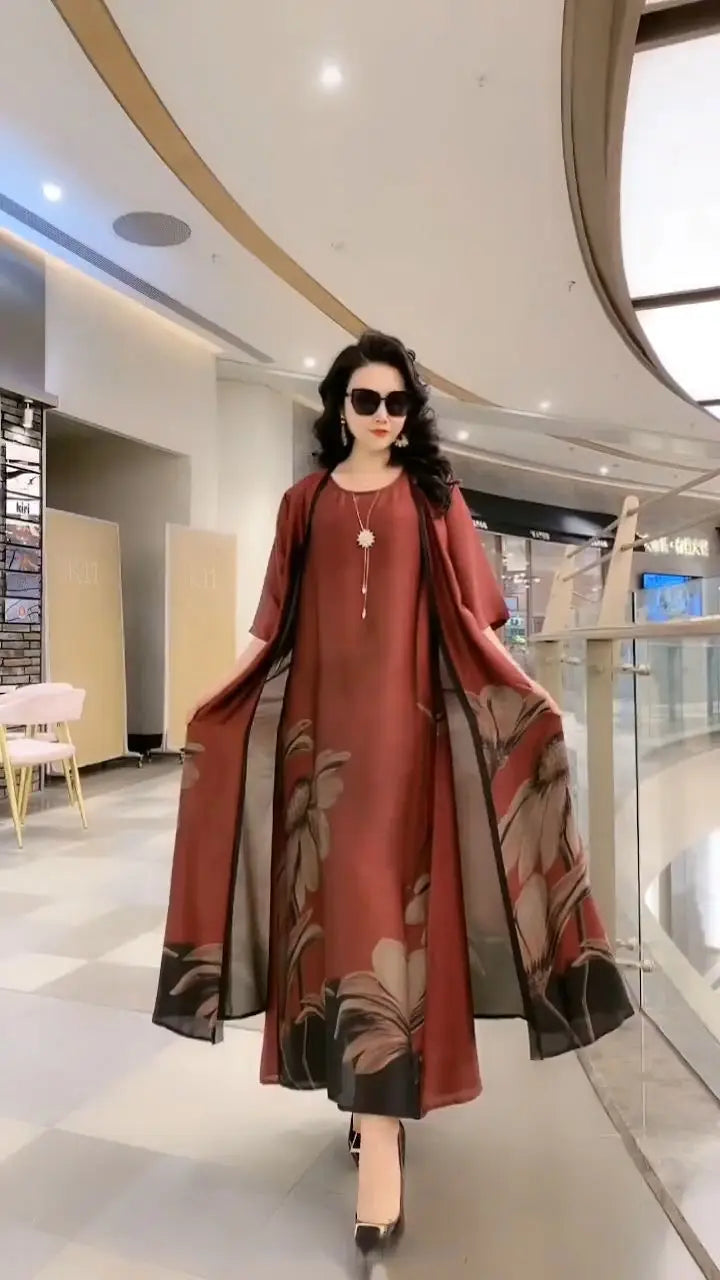 Authentic Silk Dress for Mother, Silkworm Loose Dress, High-End Print, 2-Piece Dress, Women's Dresses, Spring, Summer, New, 2023