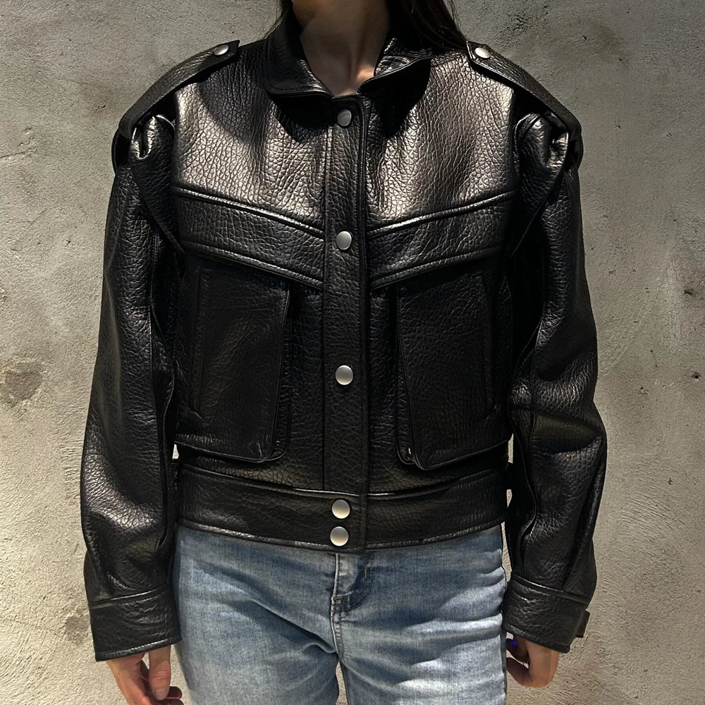 Grained Vintage Leather Jacket Women High Quality Genuine Sheep Leather Coat 2025