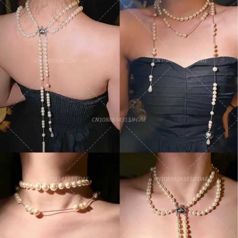 Multilayered Elegant Pearl Fringed Necklace Niche High-end Feel Asymmetric Drape Neck Chain Trendy Vintage Necklace