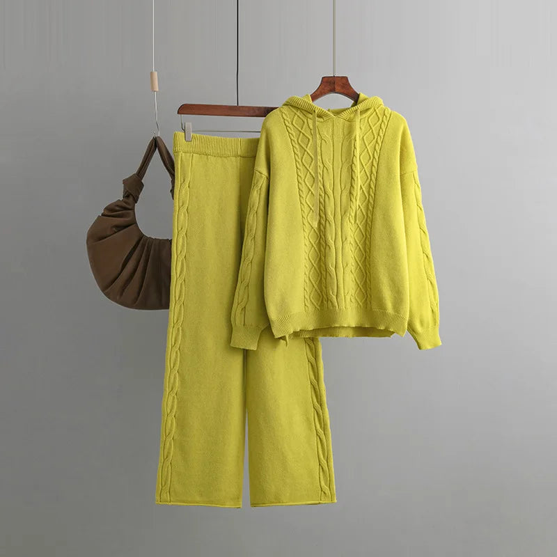 Women's Winter Knitted Suit Warm Loose Two Piece Sets With Hat Womens Outifits Sweater Oversize Casual Knitwear Autumn Suits