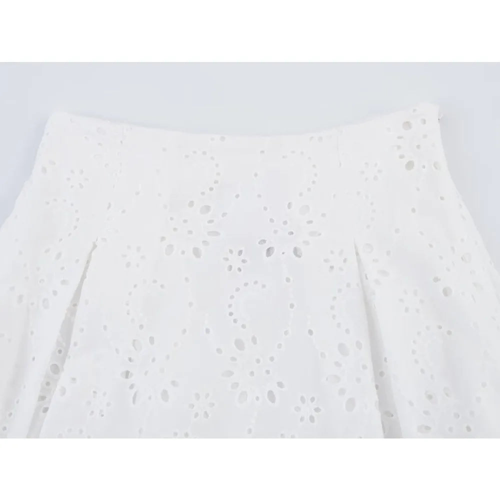 Women Summer Vacation Co Ord Outfits Elegant White Embroidered 2 Piece Set Cropped Top with Thin Straps Matching Cape Midi Skirt
