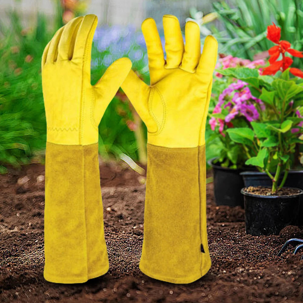 1 Pair Long Thorn Proof Gardening Gloves Breathable Leather Working Mitten with Forearm Protection Floral Gauntlet for Women Men