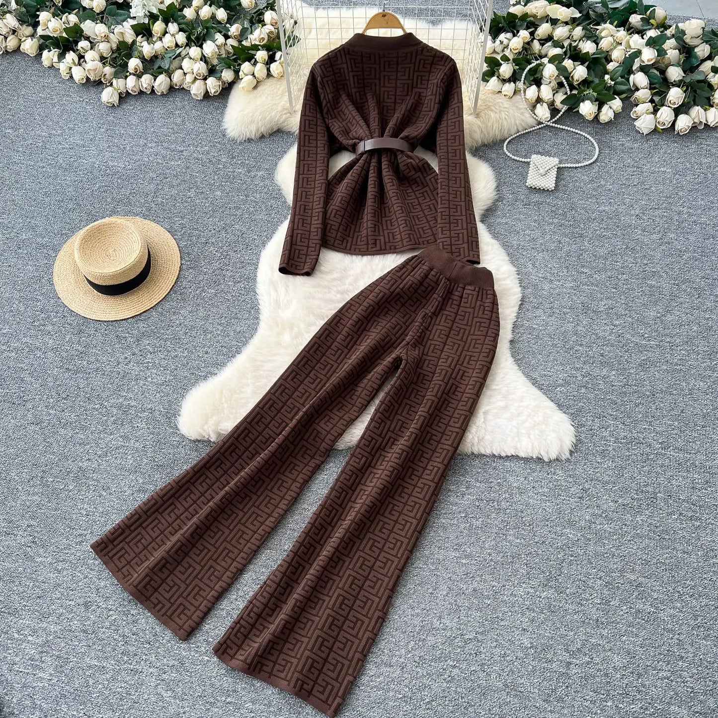 Pant Set Women Two Piece Sets Turn Down Collar Full Sleeve Tops Wide Leg Long Pants High Elastic Waist Y2k Streetwear Elegant