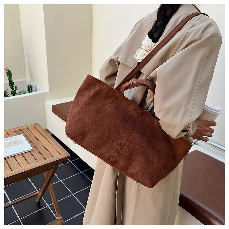 Large Capacity Tote Women Bag Retro Faux Suede Shoulder Bag Quitting Designer Bags for Women Handbag Commuting Shopper Purses