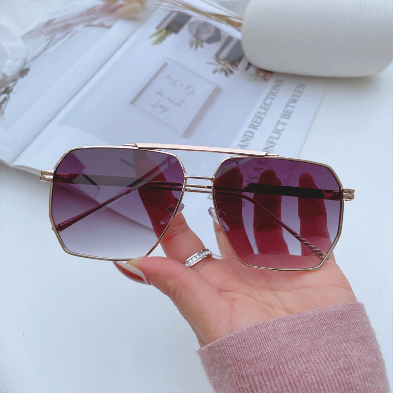 High Quality Square Polarized Sunglasses For Women Retro Oversized Double Bridge Sun Glasses Men Luxury Big Metal Goggle Shades