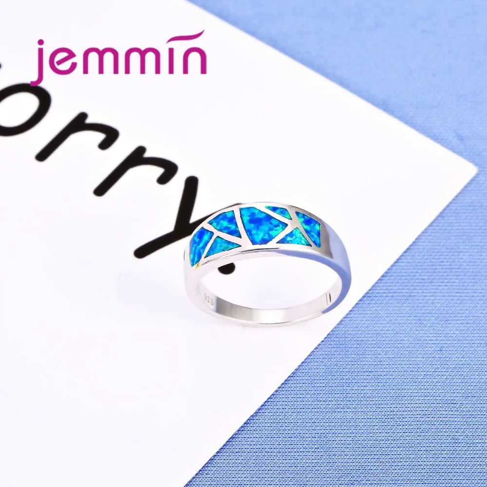 925-Sterling-Silver  Ring Jewelry For Women Blue Opal Anillos Bijoux Wedding Annivesary Finger Rings For Female Accessory