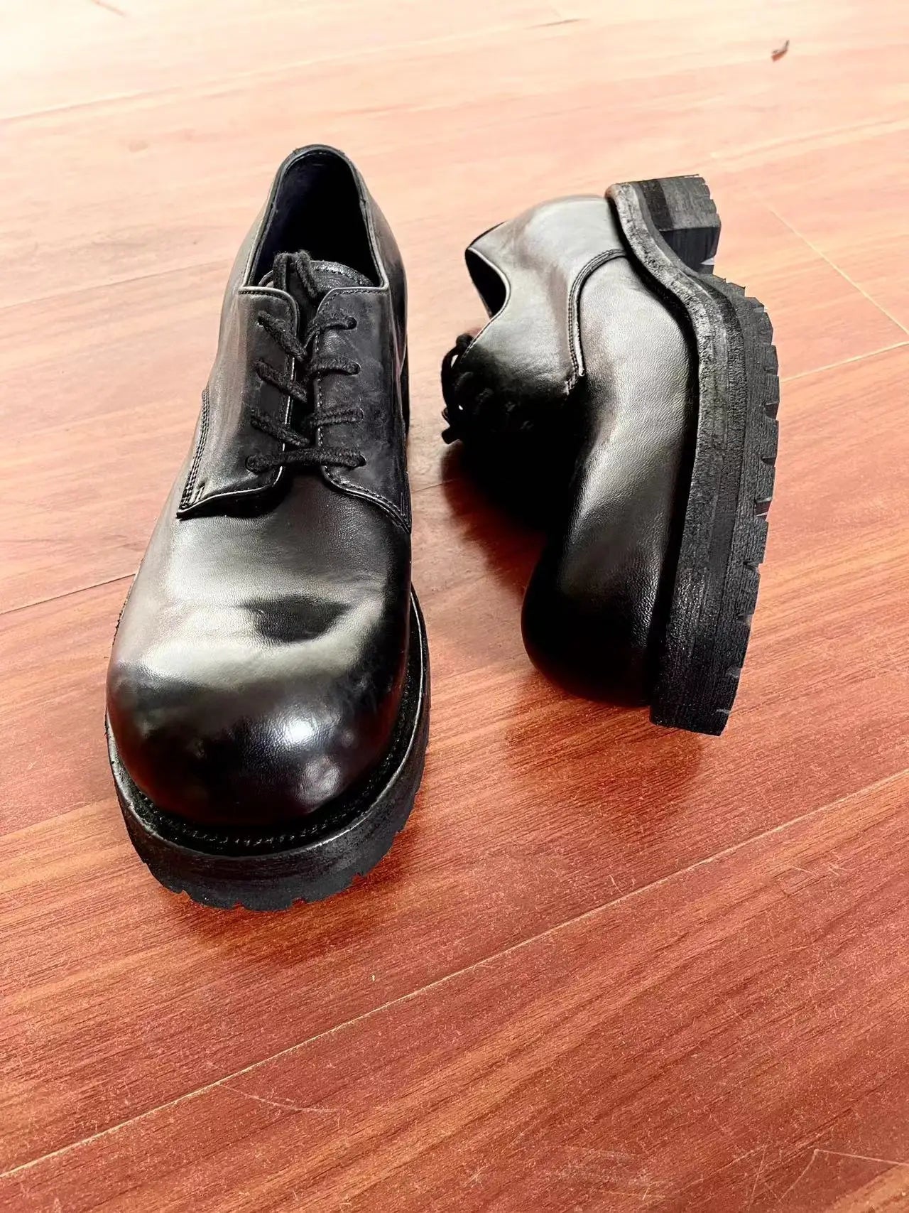 2025 New Men's Thick-soled Heightening Black Lace-up Round Head Horse Leather Made Old Derby Shoes