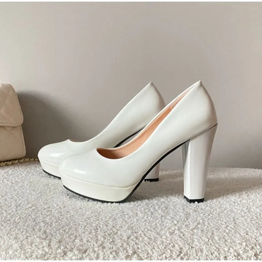 New High Heels Shoes Women White Wedding Shoes Thick High Heels Fashion Party Pumps Footwear Black Red Big Size 34-42