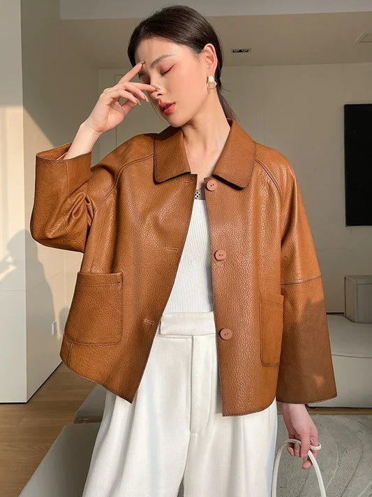 High-end Simple Natural Sheepskin Coats for Women 2025 New Trend Casual Single-breasted Lychee Texture Genuine Leather Jacket