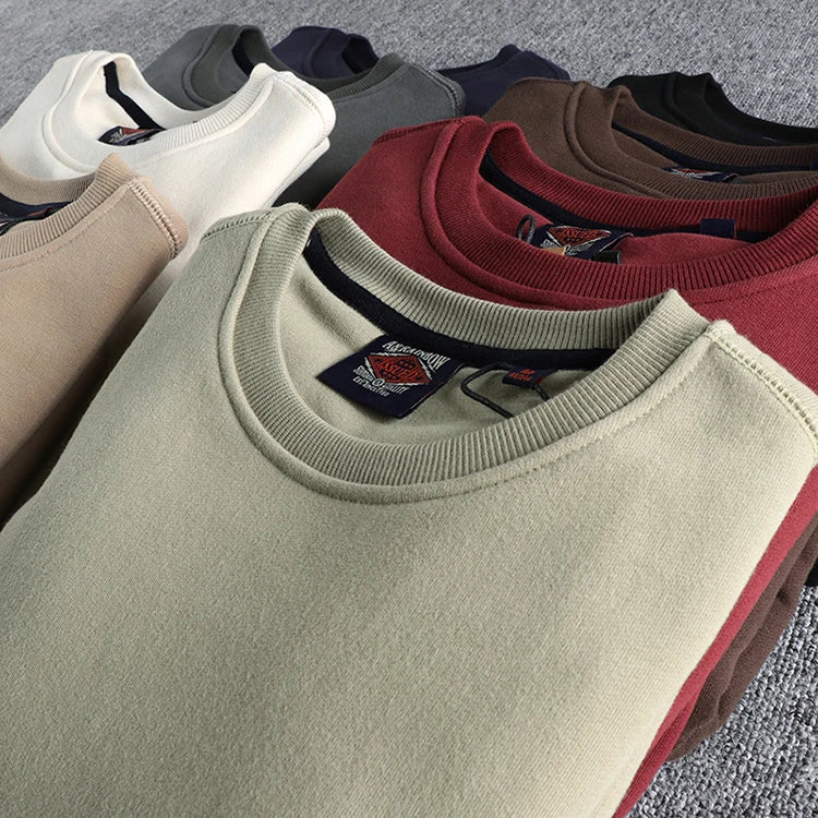 Autumn Winter American Retro Heavyweight Velvet Solid Color Sweatershirt Men's Fashion Pure Cotton Washed Youth Pullover Hoodies