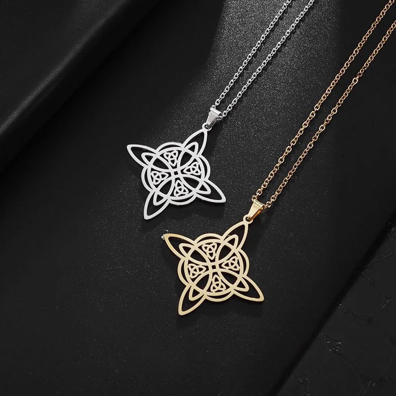 Popular fashion, stylish, personalized, trendy necklace with a witch’s knot, Celtic triangle, double-layered pendant.