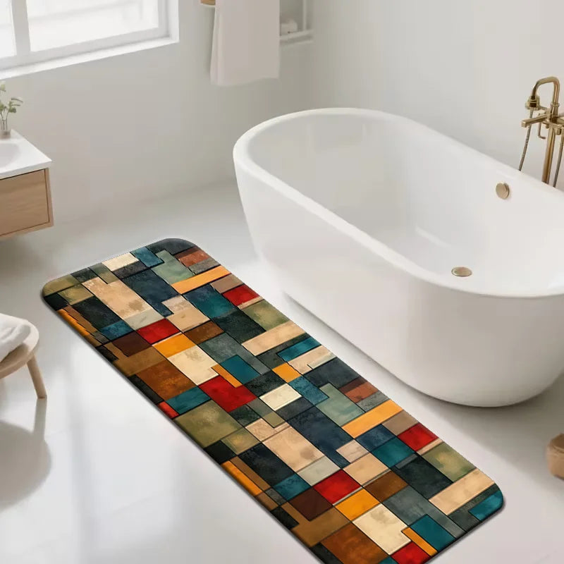 Block-patterned design with elegant, stylish accents; a modern, high-end carpet suitable for various settings; soft