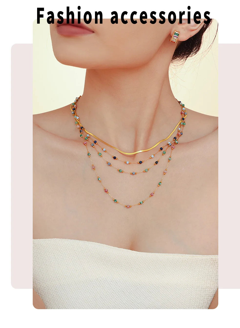 Women's Necklace Natural Stone Handmade Bead Double-layer Layered Collarbone Chain Stainless Steel Jewelry