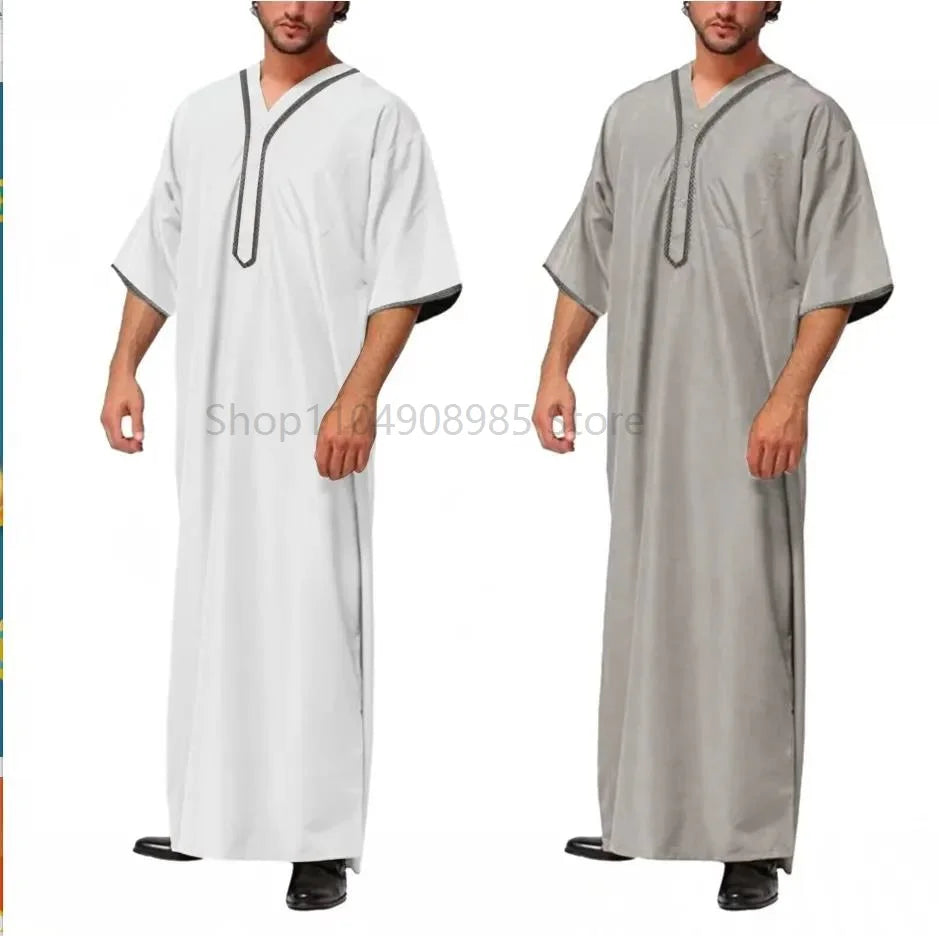 Islamic Muslim Men's Solid Color Short Sleeve Classic Embroidery Robe Dubai Arabic Ethnic Style Men's Casual Formal Robe