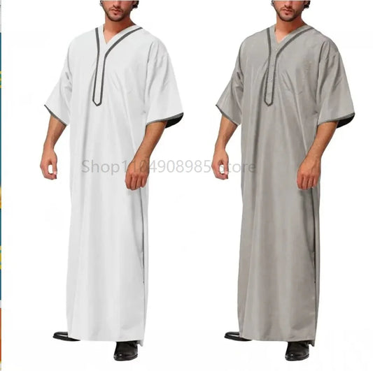 Islamic Muslim Men's Solid Color Short Sleeve Classic Embroidery Robe Dubai Arabic Ethnic Style Men's Casual Formal Robe
