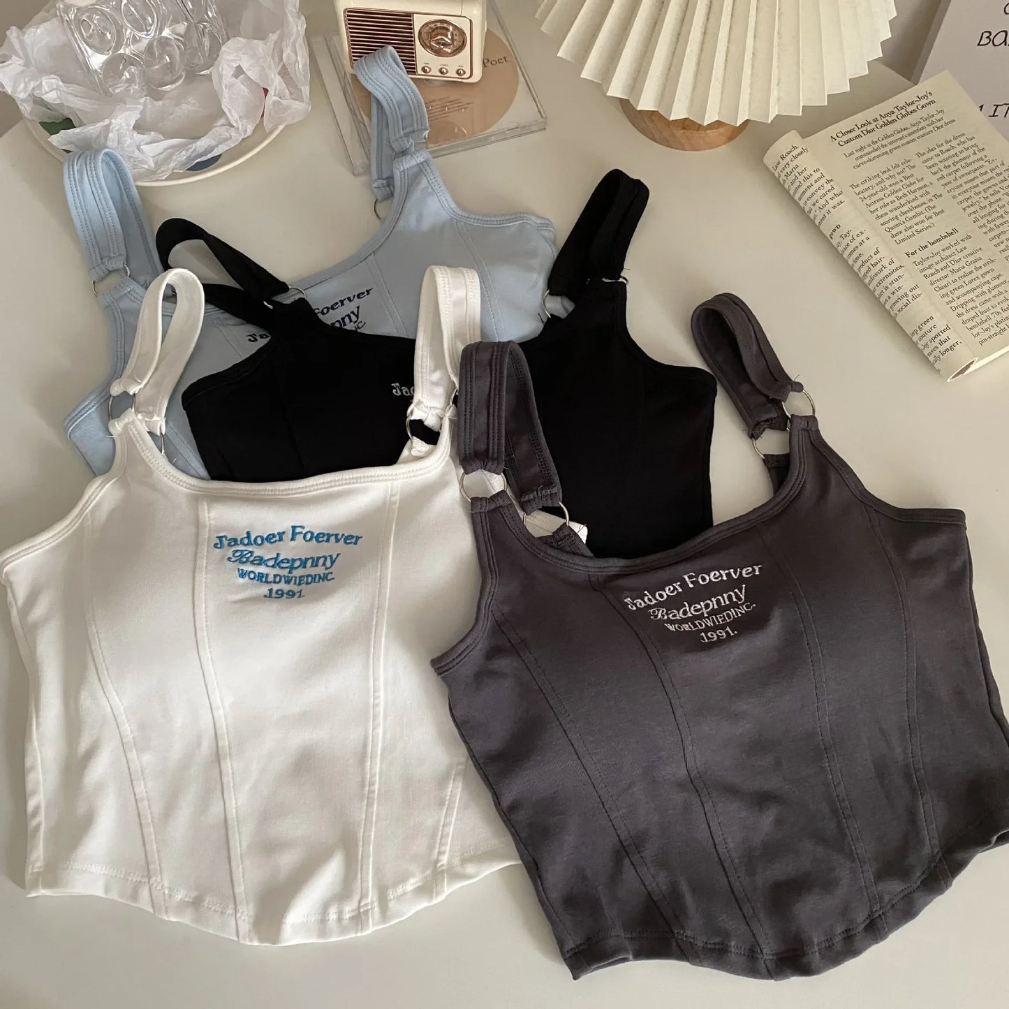 Women Summer Tops Sexy Camisole Square Collar Tank Top Y2k Slveless Female Crop Tops With Pad Fashion Vest Embroidery Letter