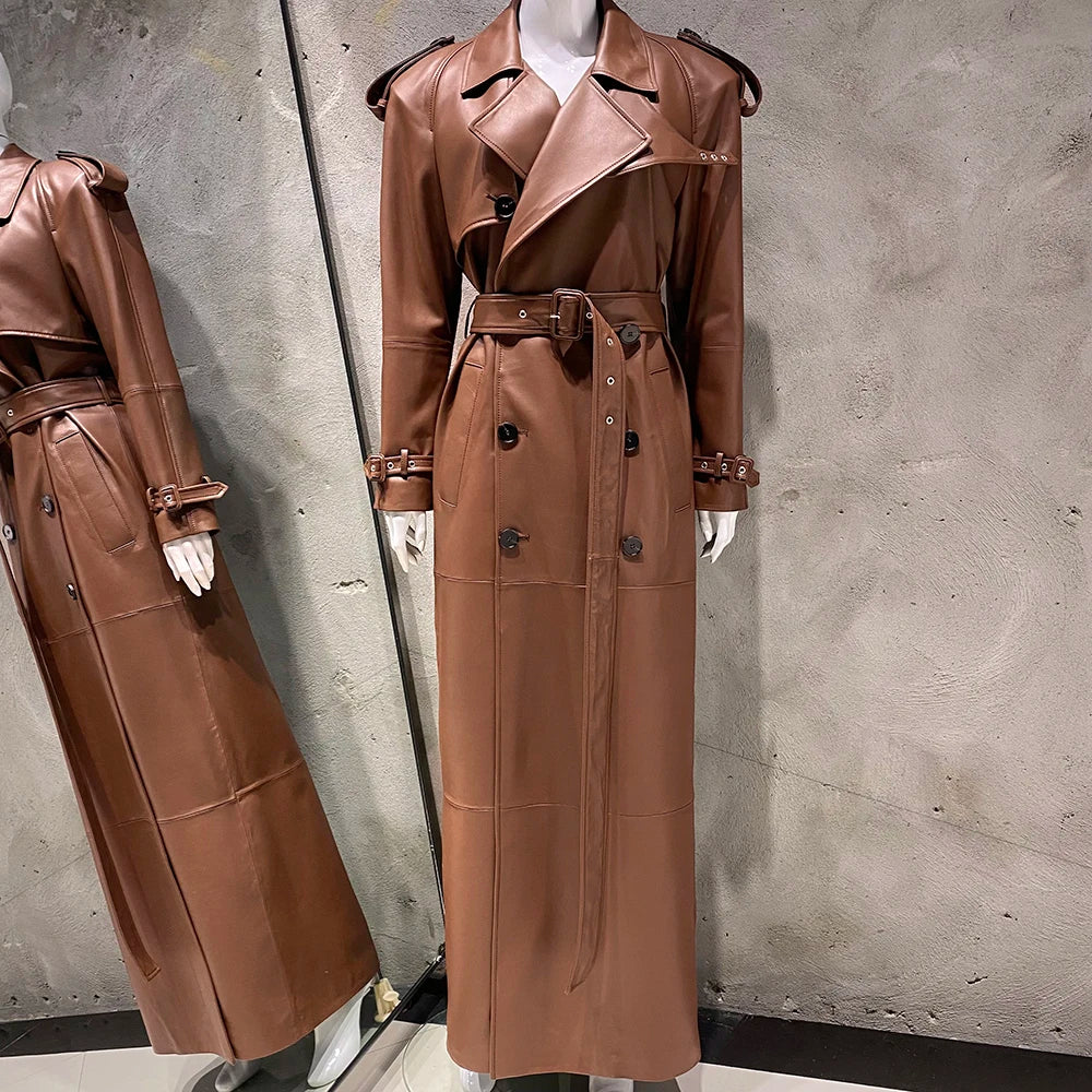 YOLOAgain 150cm Extra Length Real Leather Trench Coat Women Double Breasted Suede Coat Female