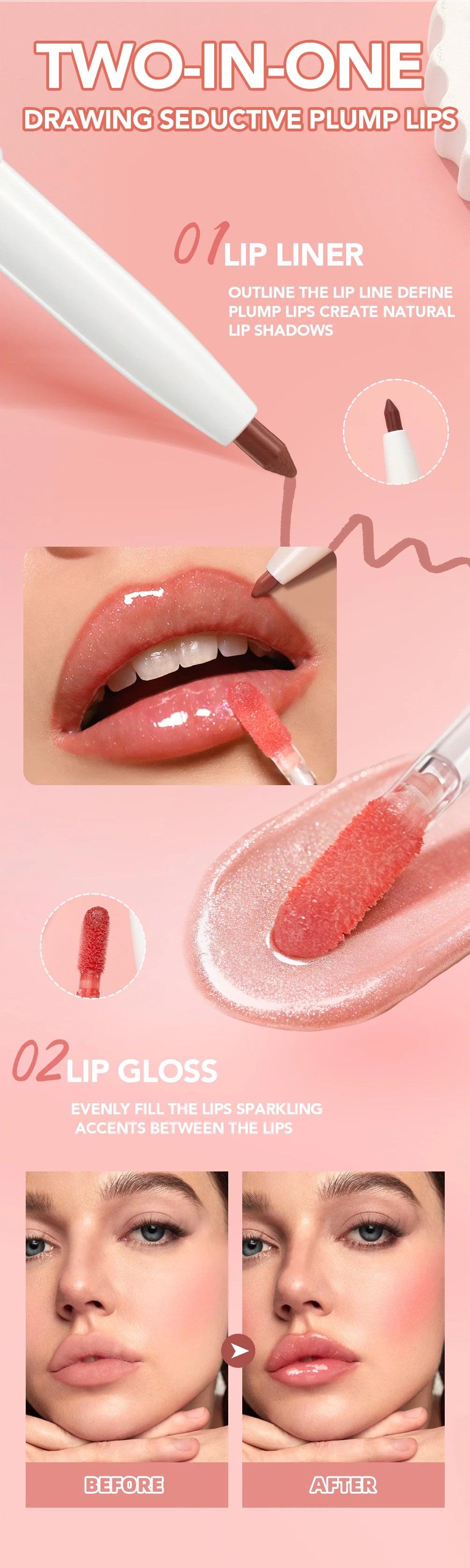 QIBEST Double Head Mirror Lip Glaze Lipliner Pen Water Light Lipgloss Makeup 2 in 1 Stick Matte Velvet Lip Liner Contour Pencil