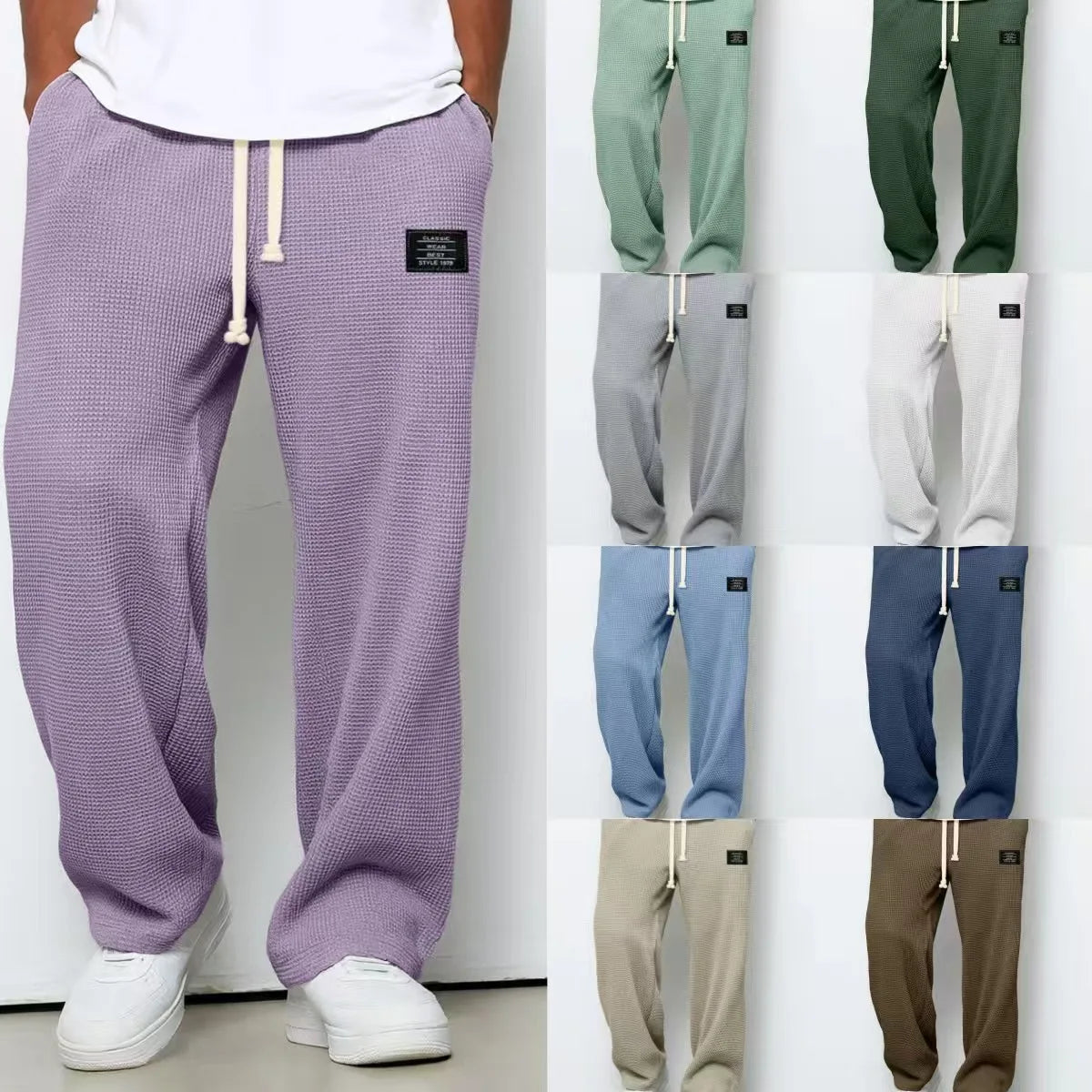 Men's spring-autumn trendy brand loose-fitting stretchy straight-leg sweatpants. Waffle fabric. Micro-bouncy sporty casual pants