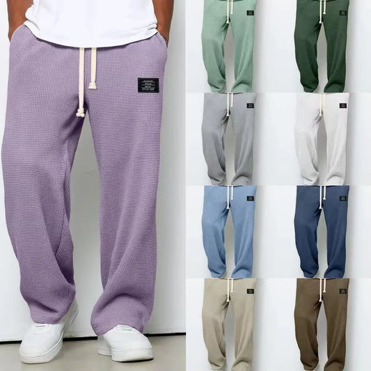 Men's spring-autumn trendy brand loose-fitting stretchy straight-leg sweatpants. Waffle fabric. Micro-bouncy sporty casual pants