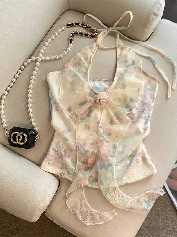 Summer Floral Halter Top Women Sweet Fairy Lace Bow Slim Fit Sleeveless Blouse Elegant Cute Mesh Transparent Layer Shirt Vest
