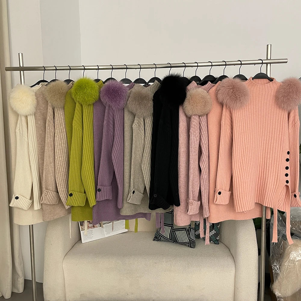 Sweater Set Warm suit Women Winter Knitted Suits two Piece Set Natural fox fur collar Sweater + Loose Trousers Office Lady Suit