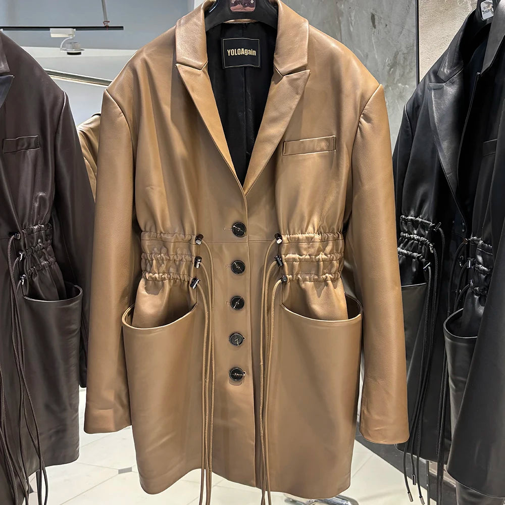 YOLOAgain Women's Leather Jacket Genuine Sheepskin Coat Single Breasted