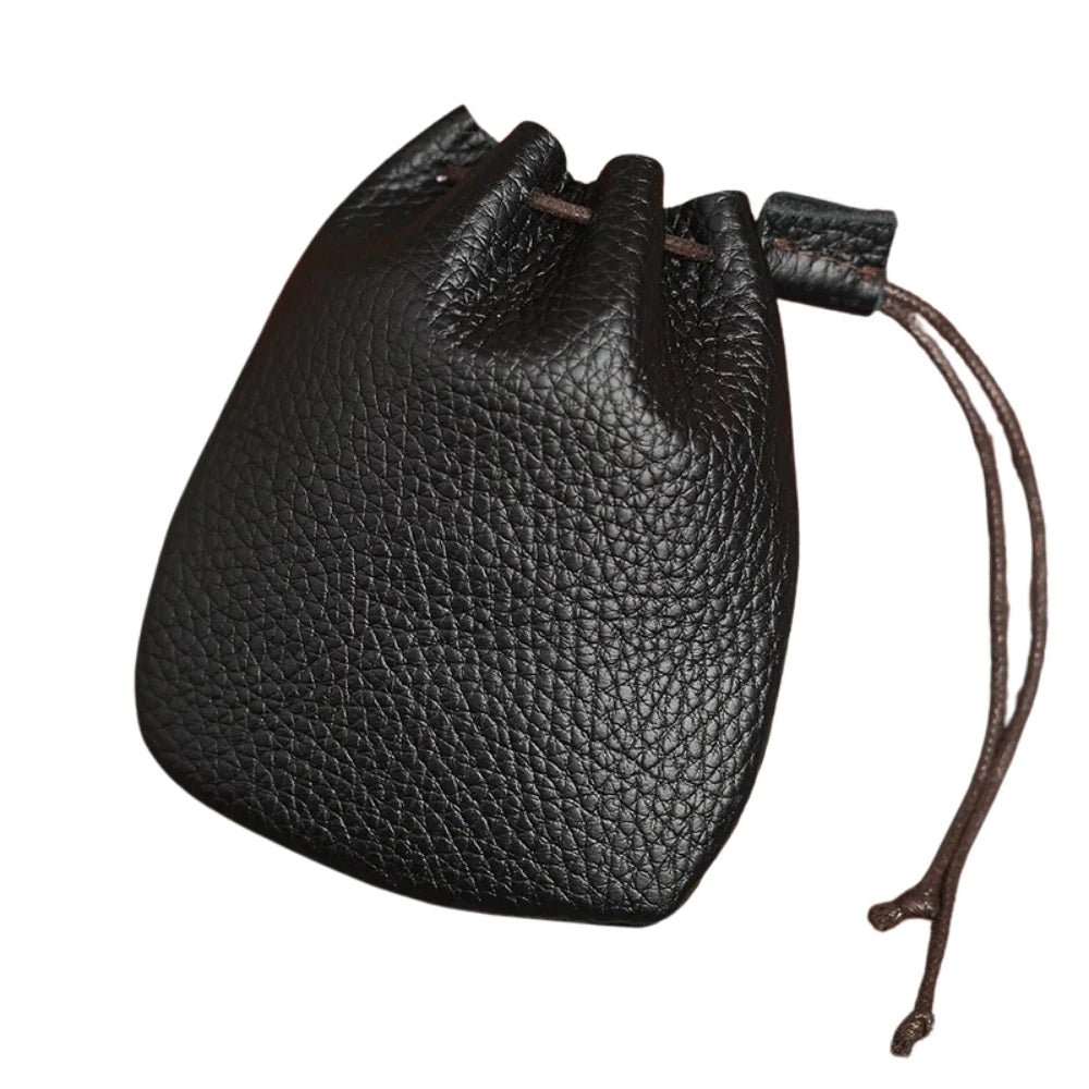 Genuine Leather Coin Purse Men Women Vintage Small Coin Wallet Hard Leather Money Pocket Drawstring Storage Bag