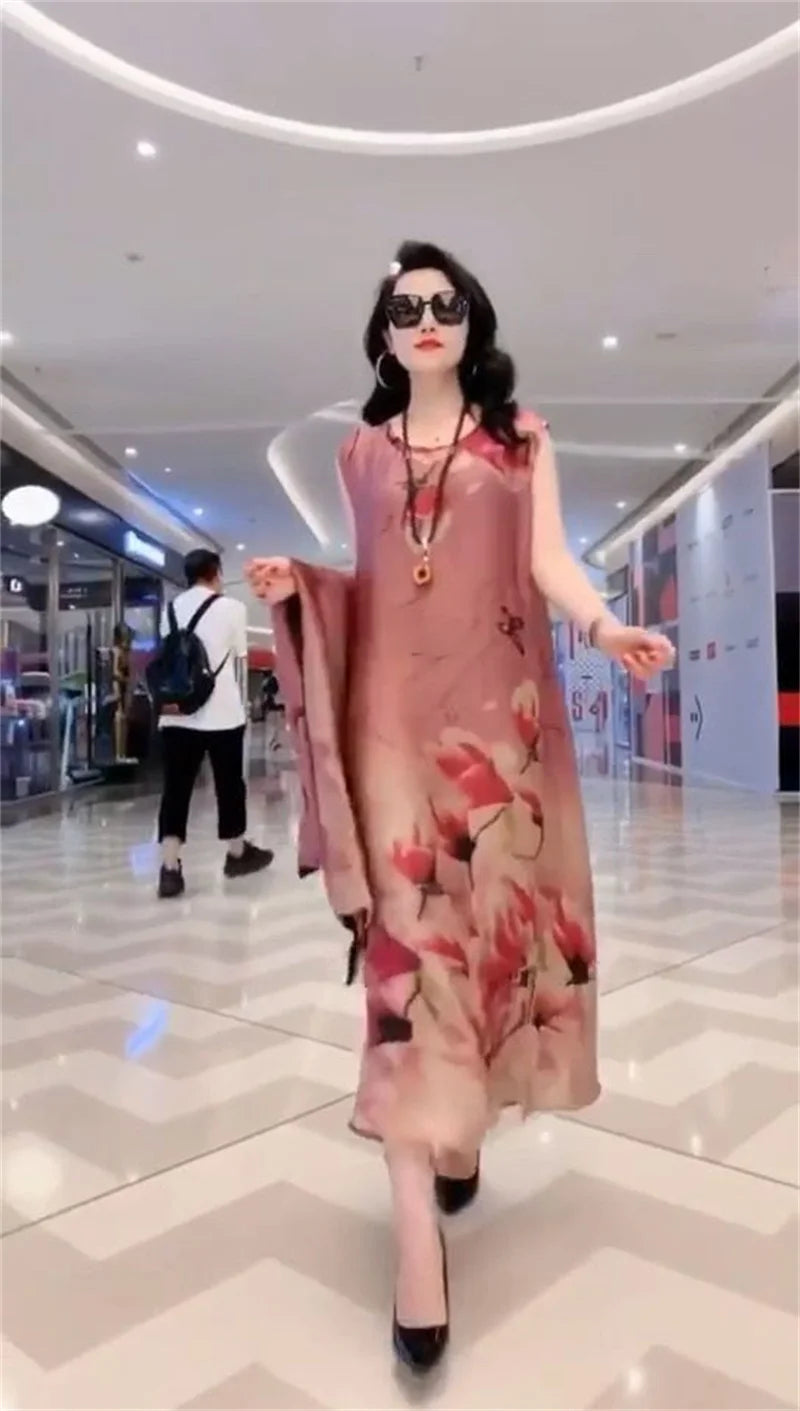 High Atmospheric Elegant Silk Dress Two-piece set 2024 Summer New Westernized Mulberry Silk Large Size Temperament Long Set Skir