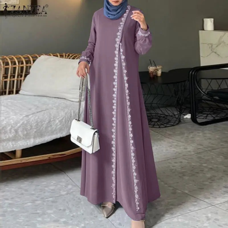 Autumn Lace Crochet Maxi Dress ZANZEA Muslim Turkey Abaya Elegant Loose Vestidos Women Long Sleeve O Neck IsIamic Robe Kaftan