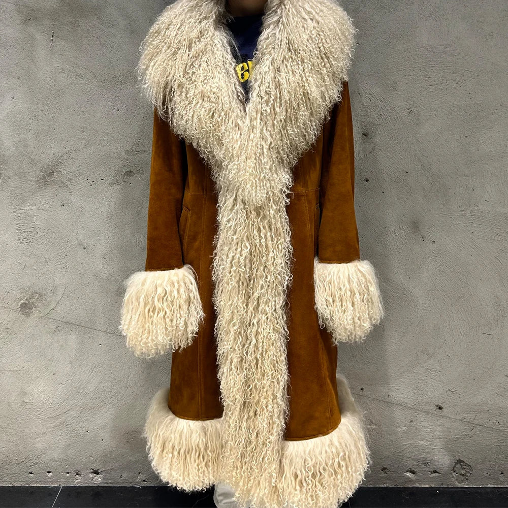 Winter Suede Long Fur Coat Mongolia Long Sheep Fur Collar New Arrival Camel Fur Jacket