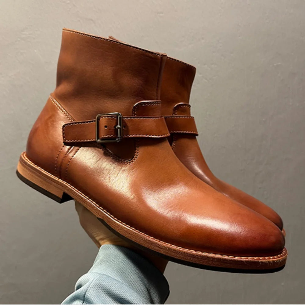 Handmade horsehide casual ankle boots Chelsea boots for men genuine leather sole adjustable strap decoration zip business style
