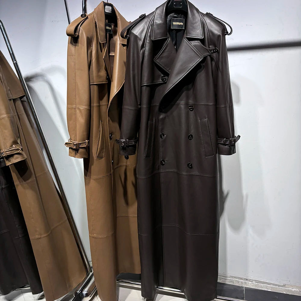 YOLOAgain 150cm Extra Length Real Leather Trench Coat Women Double Breasted Suede Coat Female