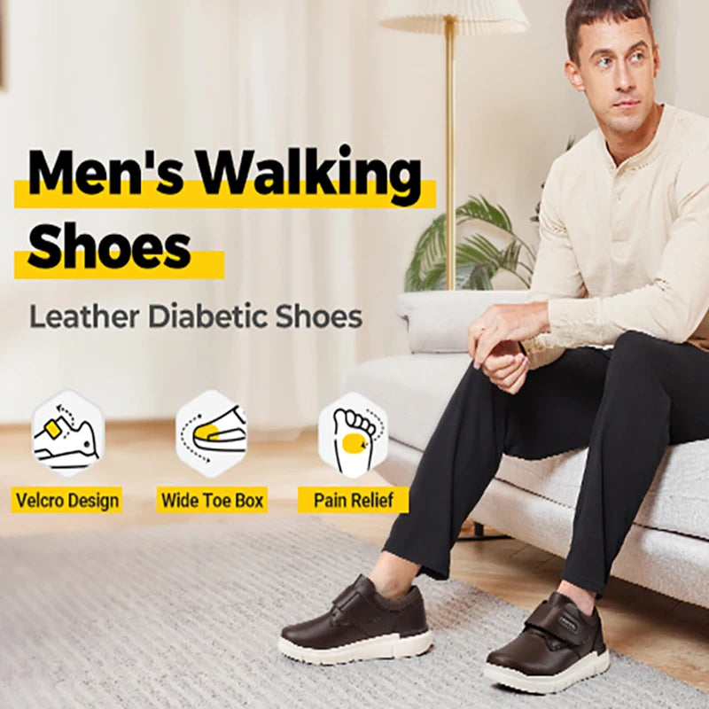 FitVille Men's Leather Shoes Diabetic Shoes Extra Wide Slip On Shoes for Orthopedic Toes Swollen Feet Non-Slip Lightweight