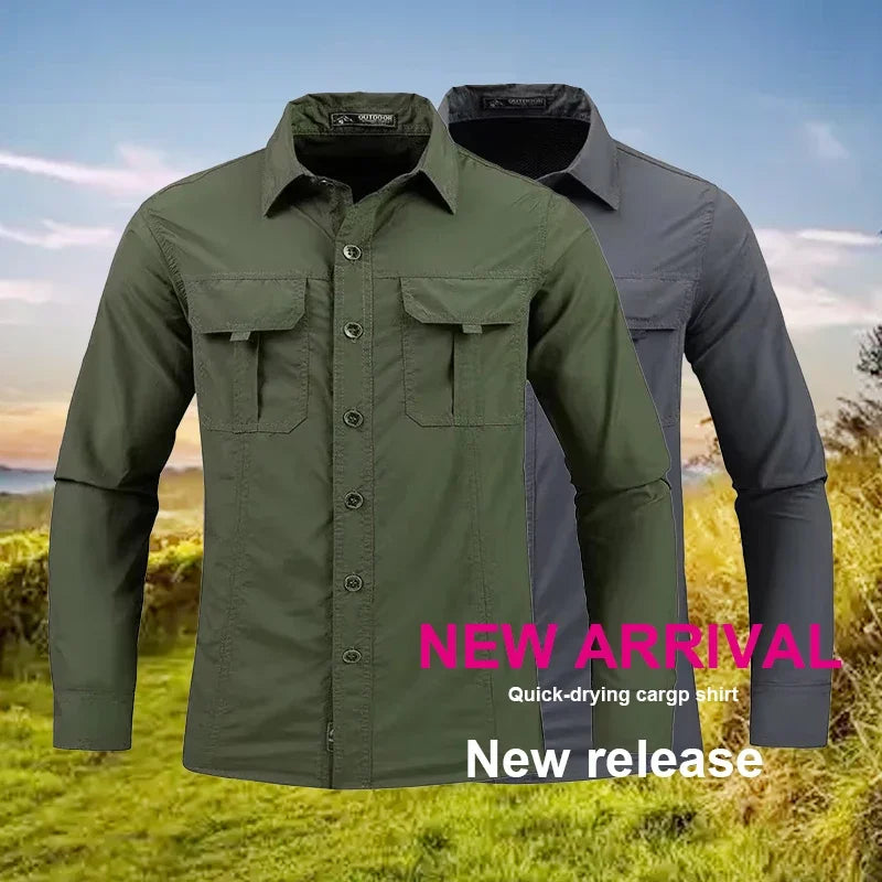 Men's Lightweight Quick-Drying Shirt Tactical Casual Military Long-Sleeved Cargo Shirt Breathable Sport Sunscreen Hiking Shirt