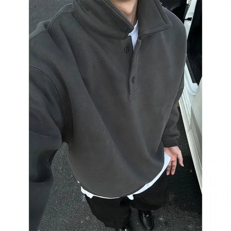 Polo Collar Sweatshirt Men's Spring Autumn Style Long-sleeved Bottoming Shirt American Retro Lapel Jacket