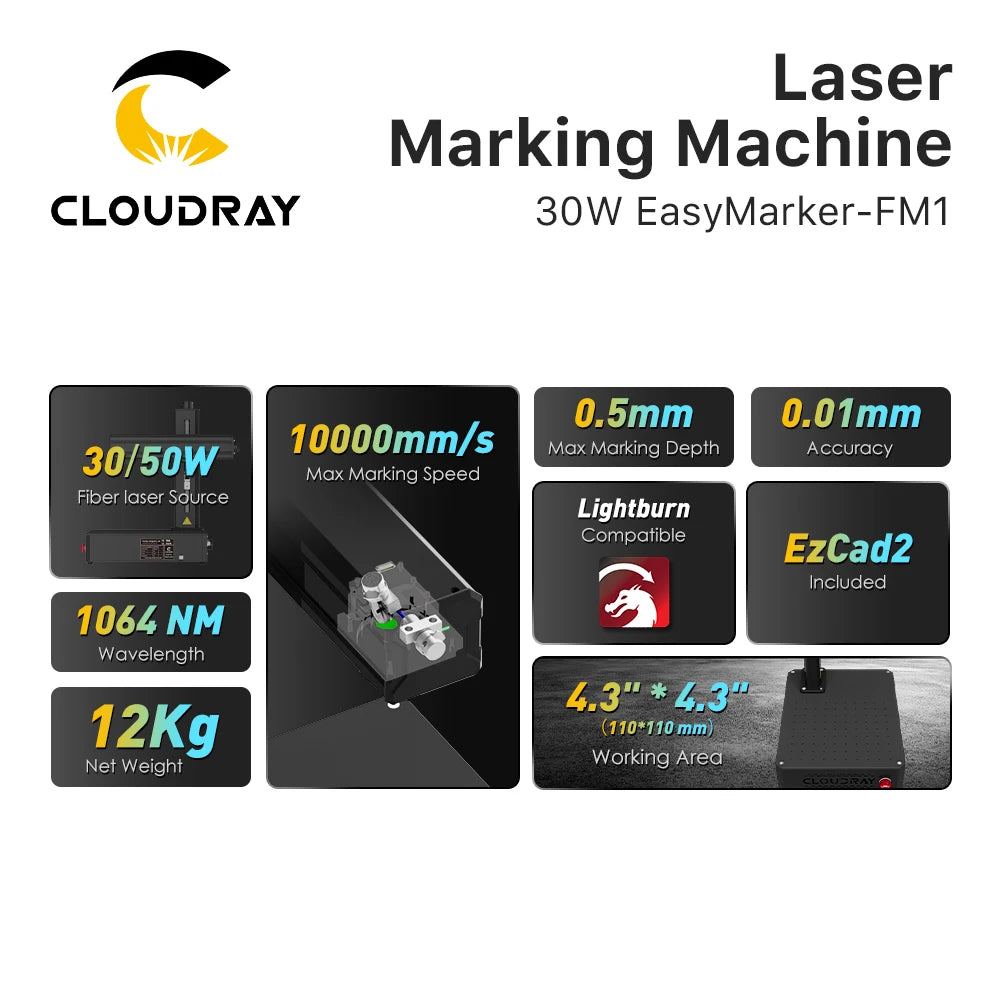 Cloudray 30W 50W Portable Fiber Laser Marking Machine Easymarker-FM1 110*110mm DIY Marking Gift Metal Jewelry Gold Engraving