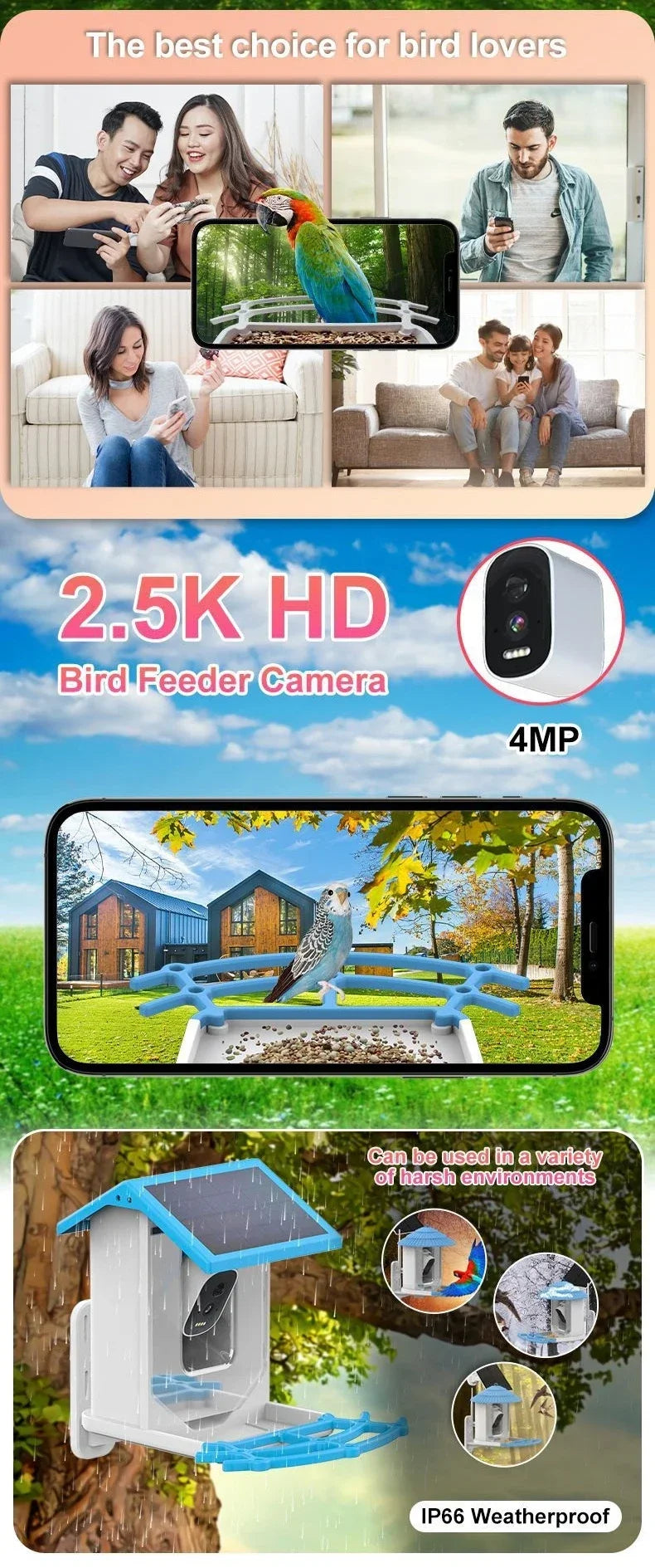 2.4G WiFi Smart Bird Feeder with Camera 2.4K Screen Solar Low Power Night Vision IP66 Waterproof 4G or WIFI Connected Feeder