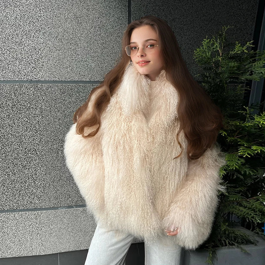 Natural Sheepskin Coat With Stand Collar Natural Sheep Fur Coat Full Skin Lamb Fur Jacket Best Selling Women's Leather Jacket