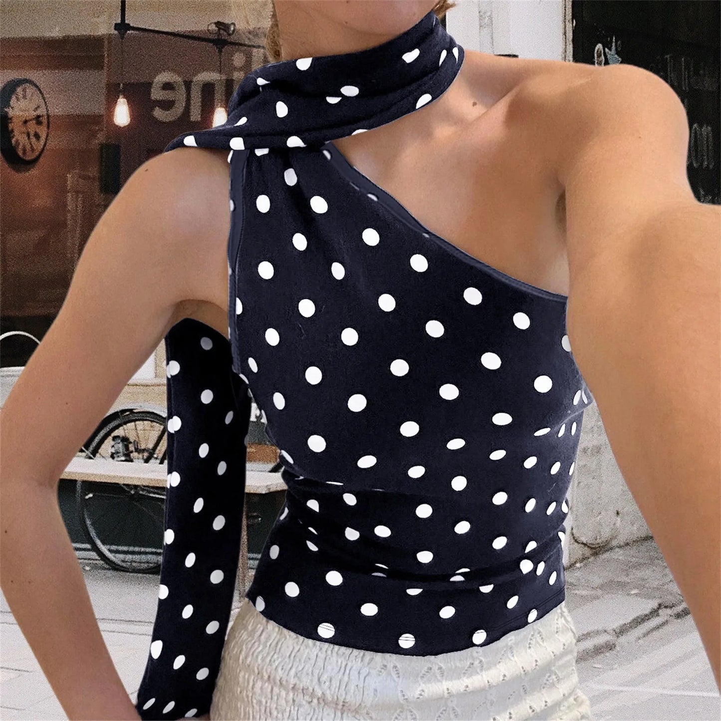 Women s Summer One Shoulder Tank Tops Sleeveless Open Back Halter Neck Dot Print Vest
