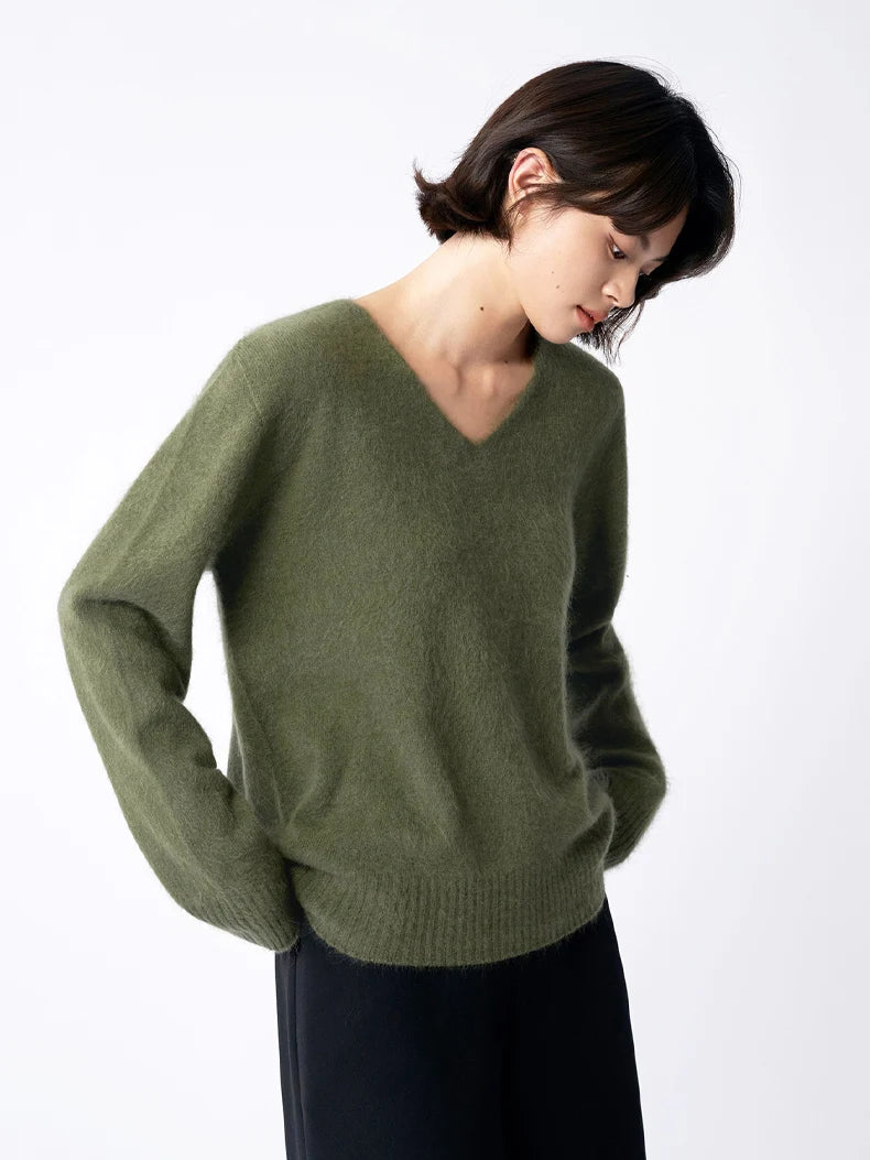 SuyaDream, Women Fleece Pullovers, V Neck, 3.8%Cashmere 96.2%Wool, Chic Warm Sweaters, 2025 Fall Winter Solid Top, Camel, Olive