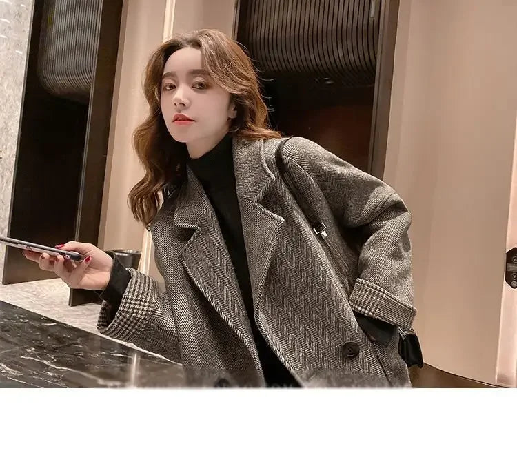 Woolen Suit Jacket for Women Autumn Winter Korean Loose Casual Blazers Thick warm Pocket Turndown Collar Women's Coat