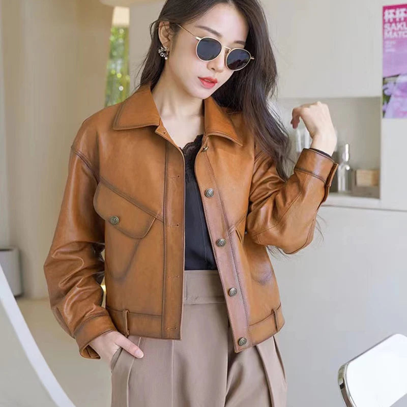 Khaki Genuine Leather Jacket Winter Coat Women Sheepskin Short Casual All-match Show Thin Locomotive Small Chaqueta Jassen Dames