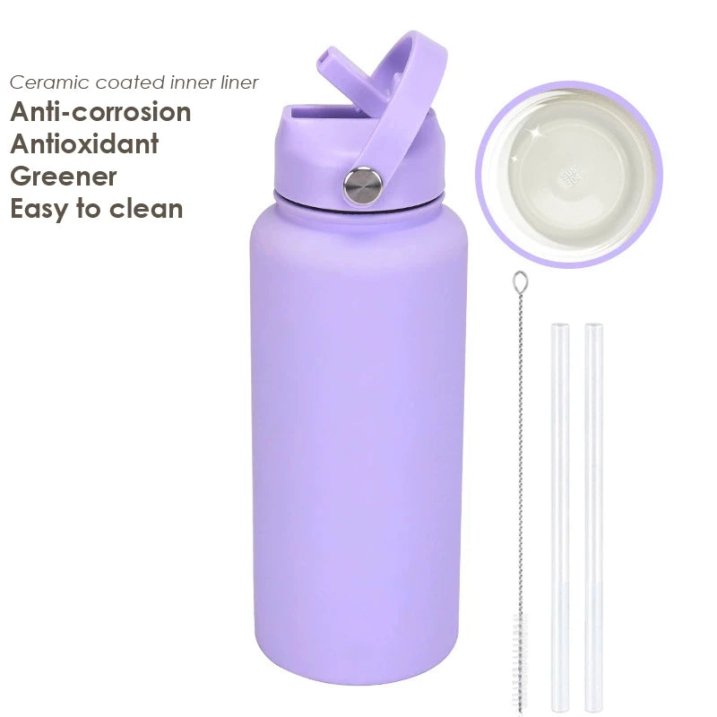 1000ML Water Bottle With Straw Lid Vacuum Insulated FlaskThermos Tumbler Ceramic Anti-Corrosion Coating Custom Gifts