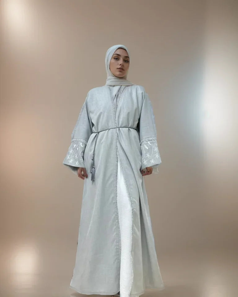 2025 Islamic Muslim Women's Light Gray Abaya with White Embroidery on Sleeves Loose Fit Ideal for Middle East Daily Wear Ramadan