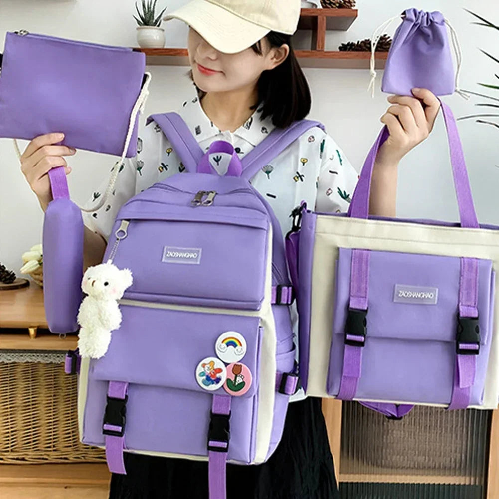 5PCS Kit Backpack Female Fashion Lady High Capacity Waterproof College Trendy Girls Laptop School Bags Cute Girl Travel Book Bag